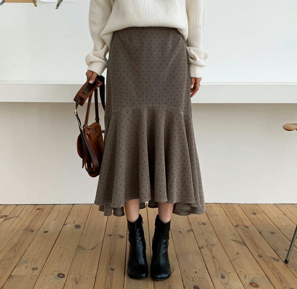 ドットフレアスカート・全3色・b64670 レディース 【sk】【韓国 ファッション ボトムス スカート ロング フレア Aライン 柄 パターン ウエストゴム アンバランス フレアヘム カジュアル 秋 冬】