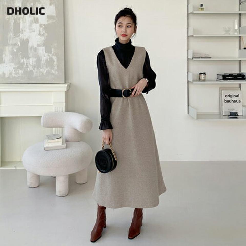 Vネックノースリワンピース・全2色・t64657 レディース 【ops】【韓国 ファッション ワンピース ロング フレア Aライン ノースリーブ スリーブレス ルーズ ゆったり 体型カバー 無地 カジュアル 秋 冬】