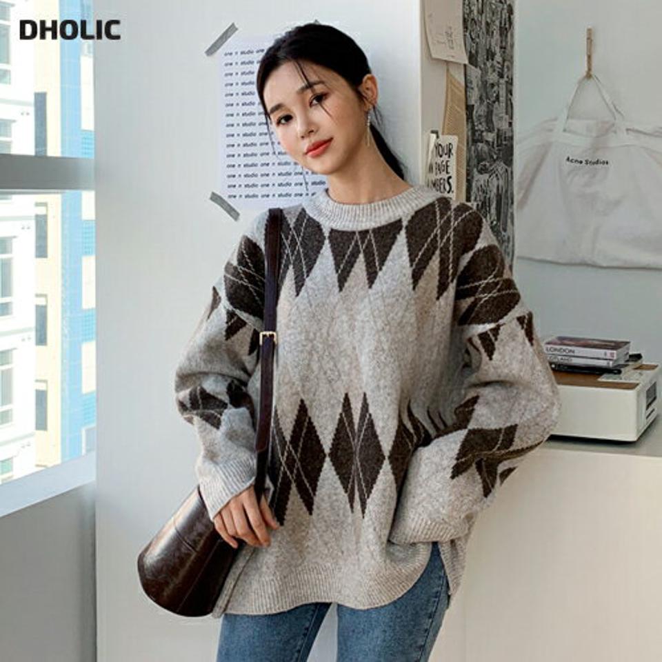 ルーズアーガイルニット・全3色・b64647 レディース 【tops】【韓国 ファッション トップス ニット 長袖 ロングスリーブ ルーズ ゆったり オーバーサイズ 体型カバー ロング お尻カバー ドロップショルダー メランジ パターン 柄 カジュアル 秋 冬】
