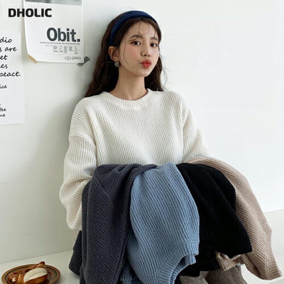 ラウンドリブTシャツ・全6色・64669 レディース 【tops】【韓国 ファッション トップス ニット ラウンドネック 長袖 ロングスリーブ ルーズ ゆったり オーバーサイズ 体型カバー ロング　お尻カバー ドロップショルダー 無地 カジュアル 秋 冬】