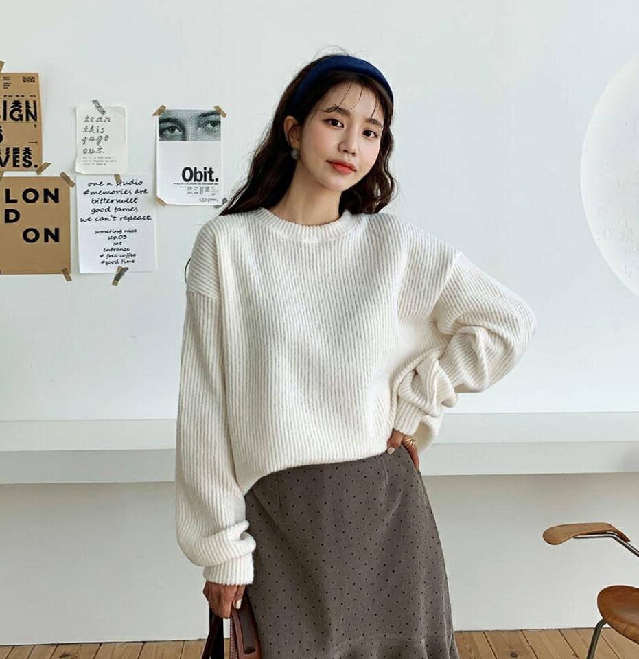 ラウンドリブTシャツ・全6色・64669 レディース 【tops】【韓国 ファッション トップス ニット ラウンドネック 長袖 ロングスリーブ ルーズ ゆったり オーバーサイズ 体型カバー ロング　お尻カバー ドロップショルダー 無地 カジュアル 秋 冬】
