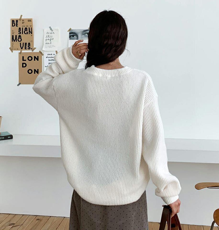 ラウンドリブTシャツ・全6色・64669 レディース 【tops】【韓国 ファッション トップス ニット ラウンドネック 長袖 ロングスリーブ ルーズ ゆったり オーバーサイズ 体型カバー ロング　お尻カバー ドロップショルダー 無地 カジュアル 秋 冬】