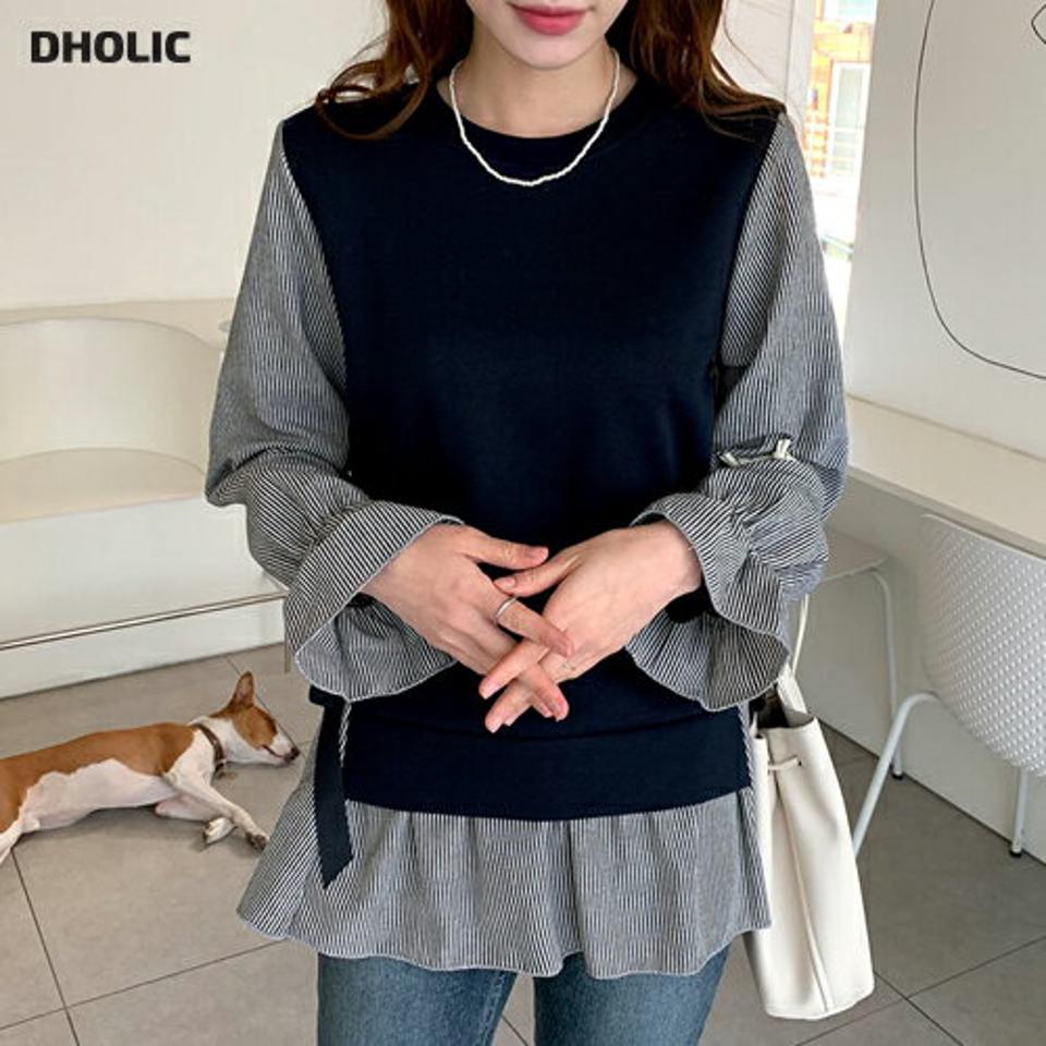 裏起毛リボンTシャツ・全2色・b65828 レディース 【tops】【トップス Tシャツ 長袖 ストライプ柄 シック リボン りぼん 裏起毛 大人 かわいい レイヤード風 冬 韓国 ファッション】【ハイホリHIHOLLI】