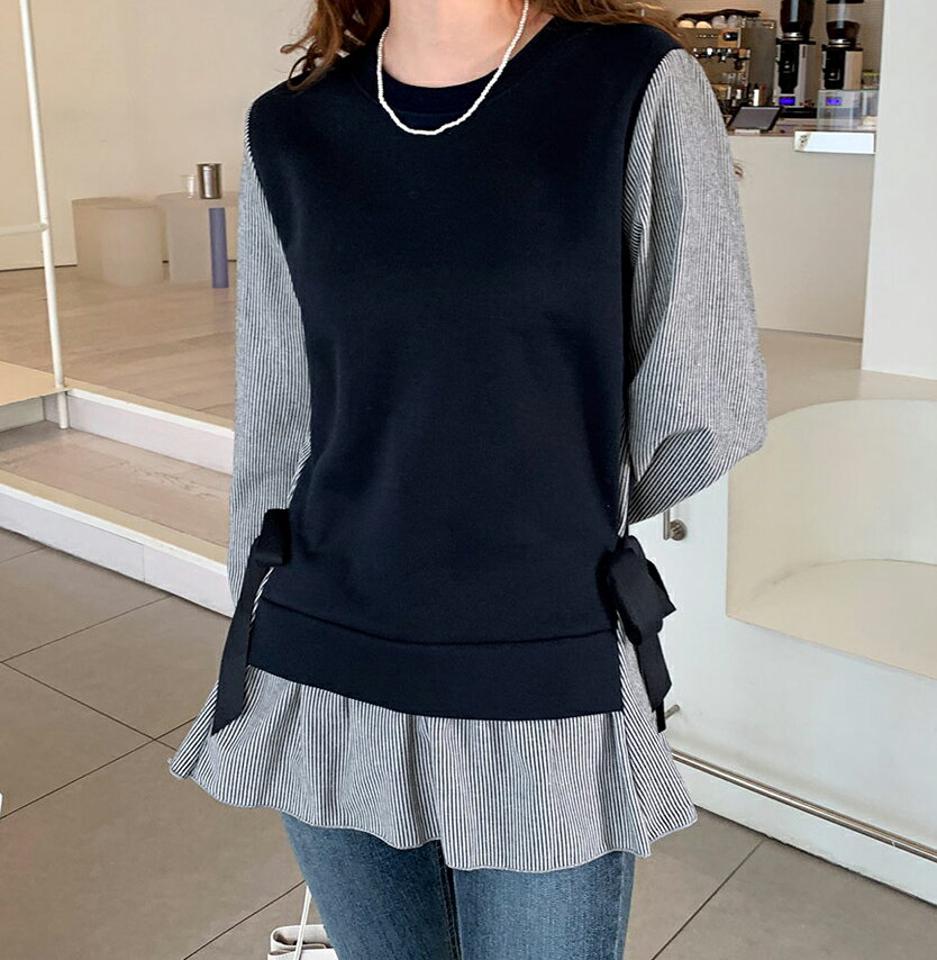 裏起毛リボンTシャツ・全2色・b65828 レディース 【tops】【トップス Tシャツ 長袖 ストライプ柄 シック リボン りぼん 裏起毛 大人 かわいい レイヤード風 冬 韓国 ファッション】【ハイホリHIHOLLI】