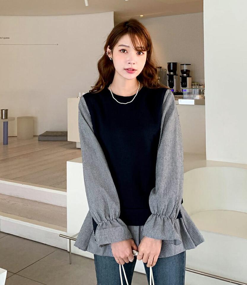裏起毛リボンTシャツ・全2色・b65828 レディース 【tops】【トップス Tシャツ 長袖 ストライプ柄 シック リボン りぼん 裏起毛 大人 かわいい レイヤード風 冬 韓国 ファッション】【ハイホリHIHOLLI】