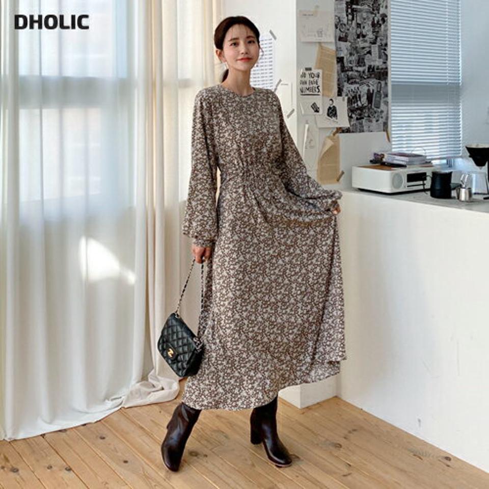 ドロスト花柄ワンピース・全3色・t64645 レディース 【ops】【韓国 ファッション ワンピース ロング フレア Aライン ラウンドネック 長袖 パフスリーブ ぼわん袖 ボリューム袖 シアー 揺れる 揺れ感 パターン 柄 小花柄 カジュアル 秋 冬】