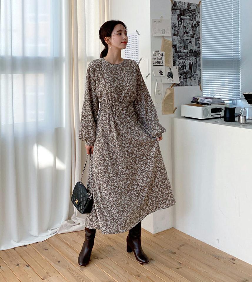 ドロスト花柄ワンピース・全3色・t64645 レディース 【ops】【韓国 ファッション ワンピース ロング フレア Aライン ラウンドネック 長袖 パフスリーブ ぼわん袖 ボリューム袖 シアー 揺れる 揺れ感 パターン 柄 小花柄 カジュアル 秋 冬】