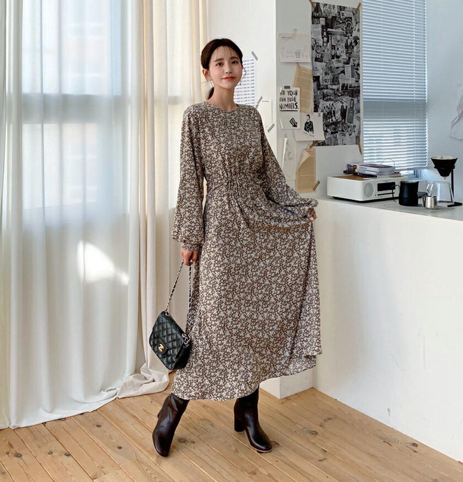 ドロスト花柄ワンピース・全3色・t64645 レディース 【ops】【韓国 ファッション ワンピース ロング フレア Aライン ラウンドネック 長袖 パフスリーブ ぼわん袖 ボリューム袖 シアー 揺れる 揺れ感 パターン 柄 小花柄 カジュアル 秋 冬】