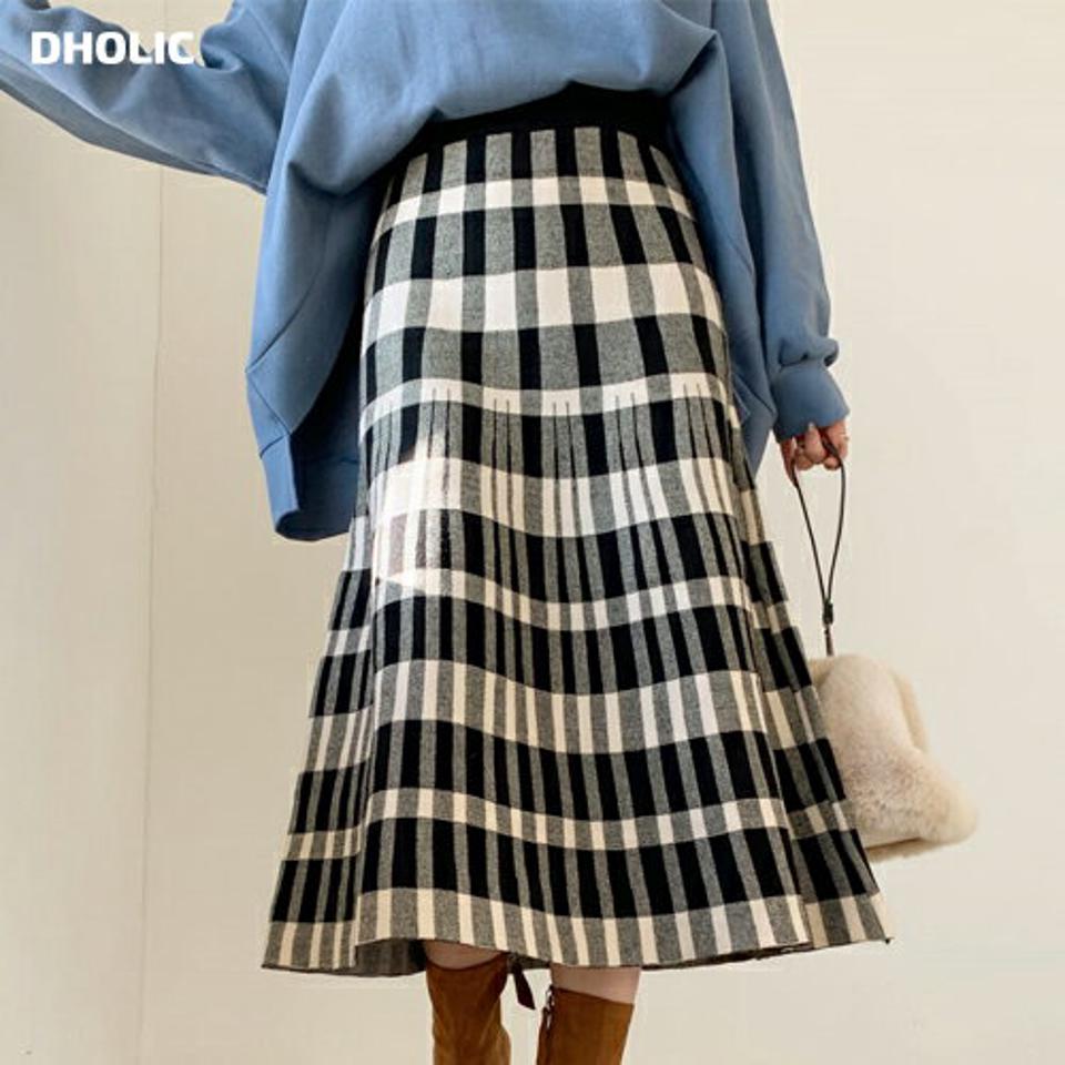 チェックニットスカート・全2色・b65849 レディース 【sk】【スカート ミディ丈 ミディスカート チェック柄 ニット ニットスカート カジュアル ウエストゴム フレア フレアスカート 大人 秋 冬 韓国 ファッション】【ハイホリHIHOLLI】