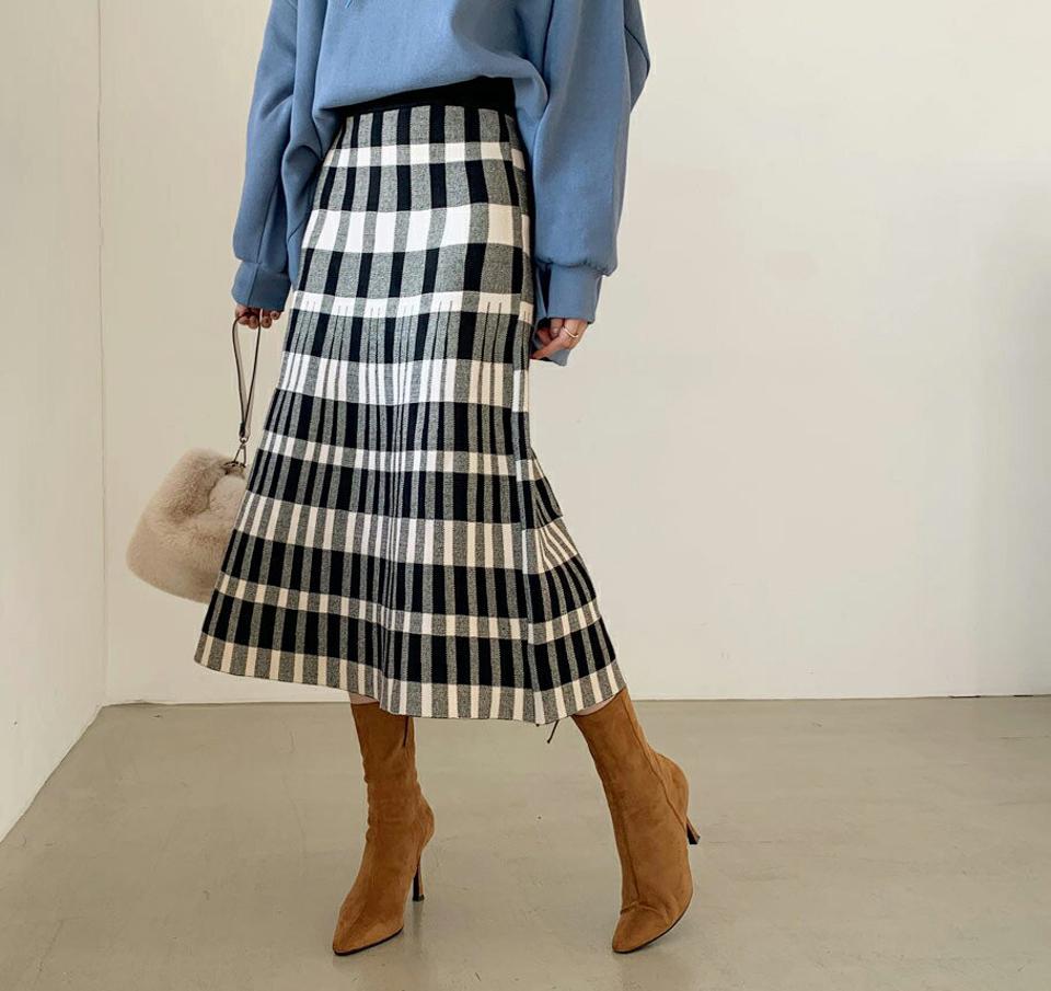 チェックニットスカート・全2色・b65849 レディース 【sk】【スカート ミディ丈 ミディスカート チェック柄 ニット ニットスカート カジュアル ウエストゴム フレア フレアスカート 大人 秋 冬 韓国 ファッション】【ハイホリHIHOLLI】