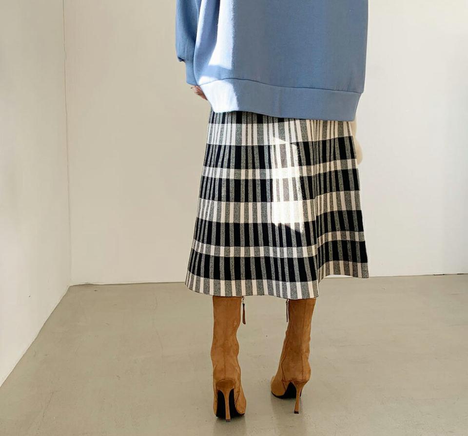 チェックニットスカート・全2色・b65849 レディース 【sk】【スカート ミディ丈 ミディスカート チェック柄 ニット ニットスカート カジュアル ウエストゴム フレア フレアスカート 大人 秋 冬 韓国 ファッション】【ハイホリHIHOLLI】