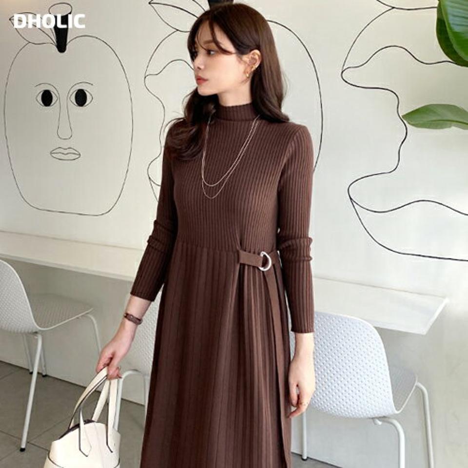 ベルトリブワンピース・全4色・b65842 レディース 【ops】【ワンピース ミディ丈 ミディワンピース 長袖 リブ 単色 シンプル ハーフネック カジュアル 大人 秋 冬 韓国 ファッション】【ハイホリHIHOLLI】