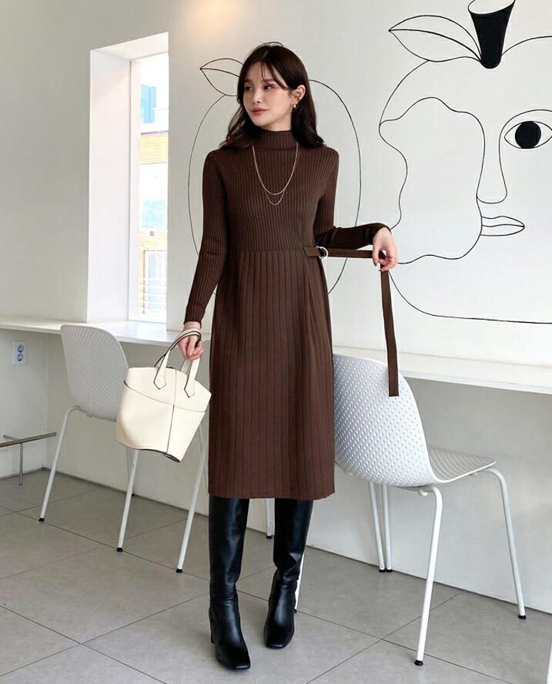 ベルトリブワンピース・全4色・b65842 レディース 【ops】【ワンピース ミディ丈 ミディワンピース 長袖 リブ 単色 シンプル ハーフネック カジュアル 大人 秋 冬 韓国 ファッション】【ハイホリHIHOLLI】