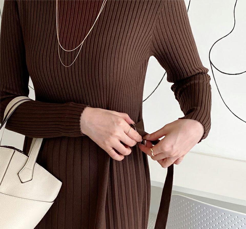 ベルトリブワンピース・全4色・b65842 レディース 【ops】【ワンピース ミディ丈 ミディワンピース 長袖 リブ 単色 シンプル ハーフネック カジュアル 大人 秋 冬 韓国 ファッション】【ハイホリHIHOLLI】