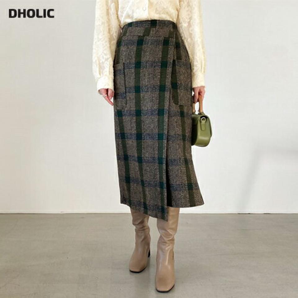 チェックラップ調スカート・全2色・t65847 レディース 【sk】【スカート ロング ロングスカート チェック柄 ラップ調 Aライン シック 大人 ウール 秋 冬 韓国 ファッション】【ハイホリHIHOLLI】