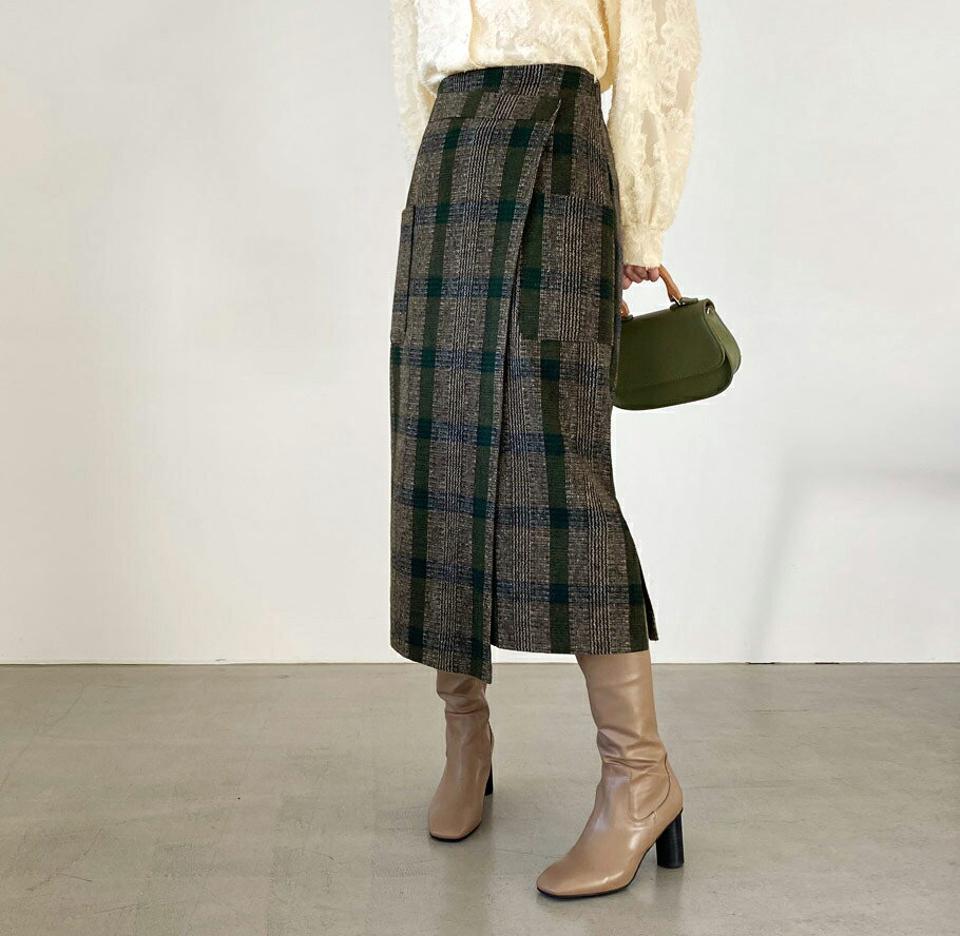 チェックラップ調スカート・全2色・t65847 レディース 【sk】【スカート ロング ロングスカート チェック柄 ラップ調 Aライン シック 大人 ウール 秋 冬 韓国 ファッション】【ハイホリHIHOLLI】