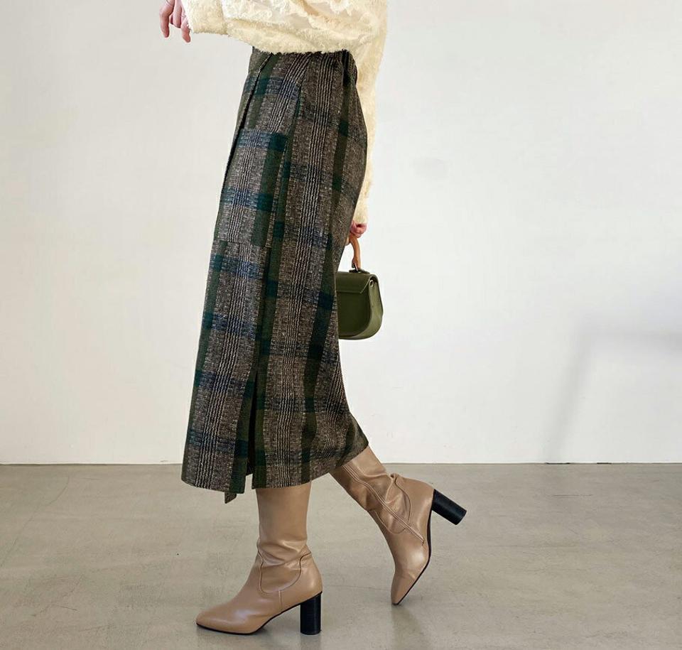 チェックラップ調スカート・全2色・t65847 レディース 【sk】【スカート ロング ロングスカート チェック柄 ラップ調 Aライン シック 大人 ウール 秋 冬 韓国 ファッション】【ハイホリHIHOLLI】