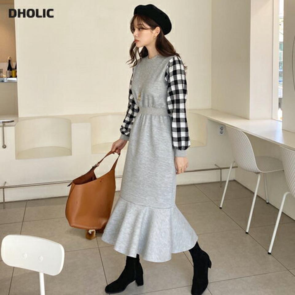 裏起毛チェックスリーブワンピース・全2色・b65840 レディース 【ops】【ワンピース ロング ロングワンピース 長袖 チェック柄 裏起毛 カジュアル 異素材ミックス かわいい マーメイド 冬 韓国 ファッション】【ハイホリHIHOLLI】