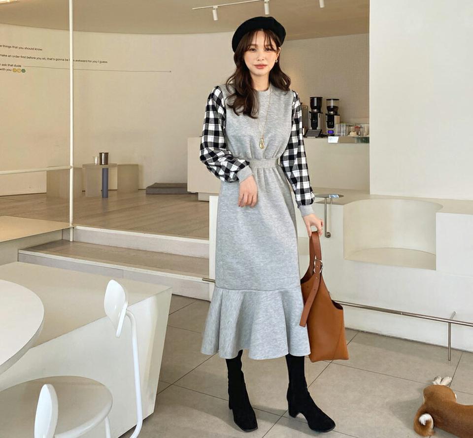 裏起毛チェックスリーブワンピース・全2色・b65840 レディース 【ops】【ワンピース ロング ロングワンピース 長袖 チェック柄 裏起毛 カジュアル 異素材ミックス かわいい マーメイド 冬 韓国 ファッション】【ハイホリHIHOLLI】