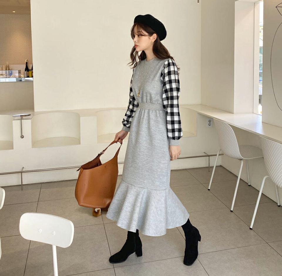 裏起毛チェックスリーブワンピース・全2色・b65840 レディース 【ops】【ワンピース ロング ロングワンピース 長袖 チェック柄 裏起毛 カジュアル 異素材ミックス かわいい マーメイド 冬 韓国 ファッション】【ハイホリHIHOLLI】