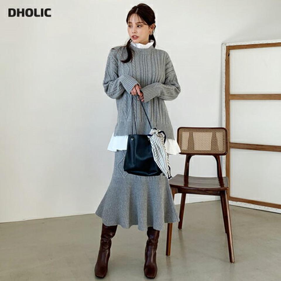 【只今10%OFF】フリル付ニット&スカートSET・全1色・65839 レディース 【ops】【セットアップ setup トップス ニット ニットトップス 長袖 スカート ロングスカート シンプル カジュアル ウール 秋 冬 韓国 ファッション】【ハイホリHIHOLLI】