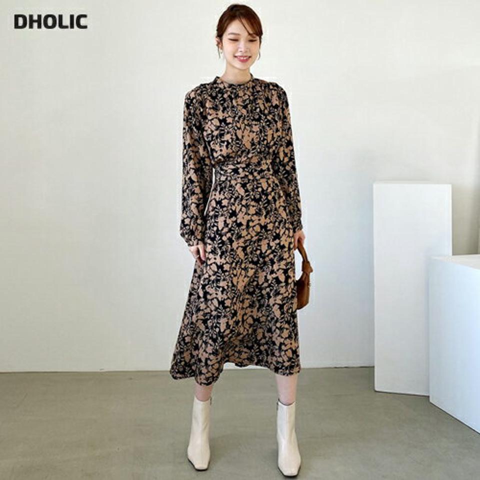 フローラルワンピース・全2色・b65843 レディース 【ops】【ワンピース ロング ロングワンピース 長袖 花柄 フラワー 大人 シック ハーフネック 結婚式 秋 冬 韓国 ファッション】【ハイホリHIHOLLI】