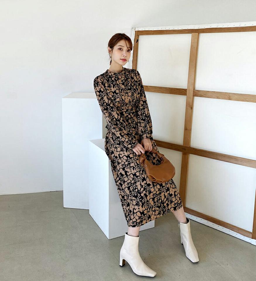 フローラルワンピース・全2色・b65843 レディース 【ops】【ワンピース ロング ロングワンピース 長袖 花柄 フラワー 大人 シック ハーフネック 結婚式 秋 冬 韓国 ファッション】【ハイホリHIHOLLI】