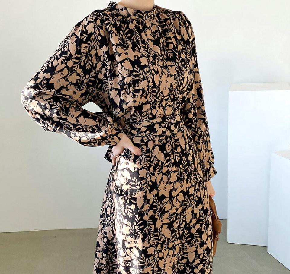 フローラルワンピース・全2色・b65843 レディース 【ops】【ワンピース ロング ロングワンピース 長袖 花柄 フラワー 大人 シック ハーフネック 結婚式 秋 冬 韓国 ファッション】【ハイホリHIHOLLI】