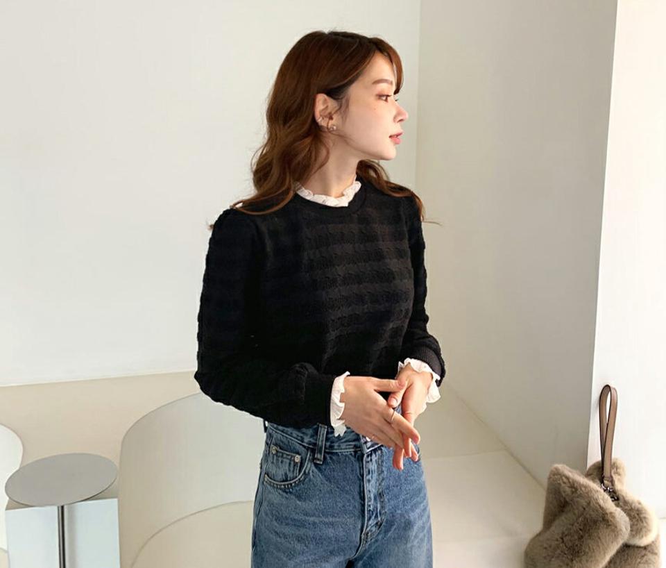 フリルヘムTシャツ・全2色・b65827 レディース 【tops】【トップス Tシャツ 長袖 フリル プリーツ 袖コンシャス 襟コンシャス シアー 透け感 シースルー 上品 フェミニン 春 秋 冬 韓国 ファッション】【ハイホリHIHOLLI】