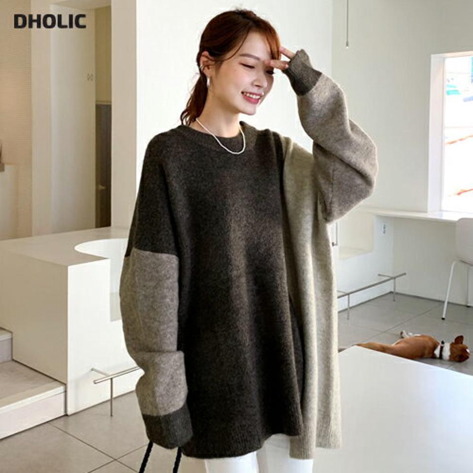 【只今セール】アンバランス配色ニット・全2色・b65836 レディース 【tops】【トップス ニット ニットトップス 長袖 アンバランス 配色 大人 カジュアル バイカラー ラフ ルーズ ゆったり 秋 冬 韓国 ファッション】【ハイホリHIHOLLI】【TI】