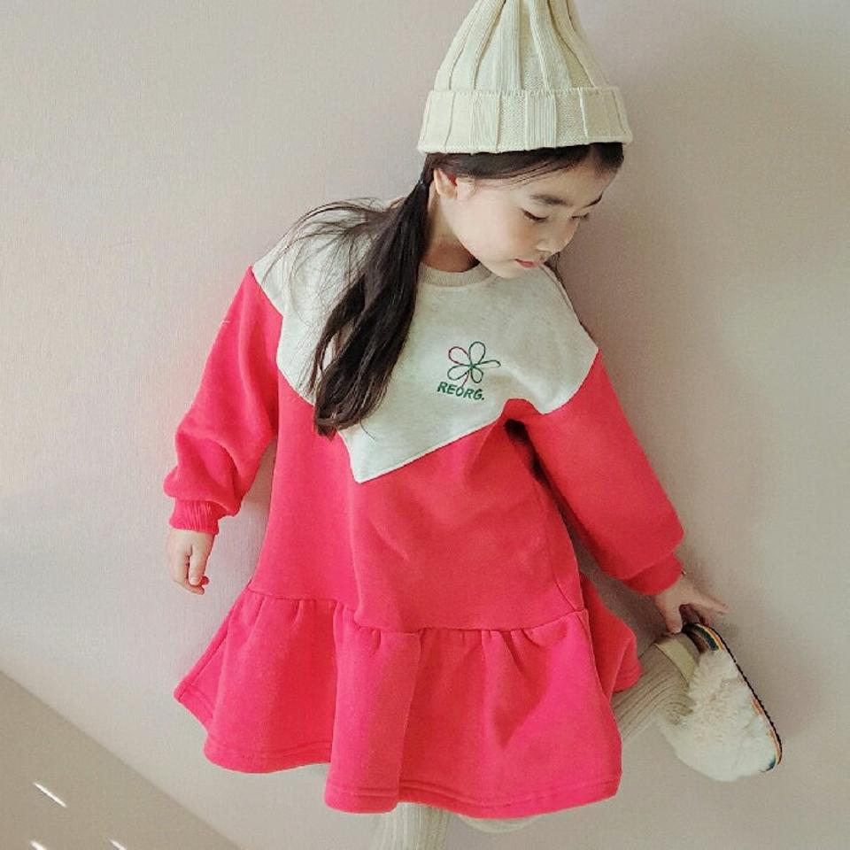 【キッズ30%OFF】裏起毛フラワーポイント配色ワンピース・u10438 キッズ【3~8才】【ops】【ワンピース ミディ丈 ミディワンピース 長袖 花 フラワー 裏起毛 ネオン 可愛い かわいい 女の子 冬 韓国 韓国子供服 子供 こども 子供服 こども服】【KIDS】