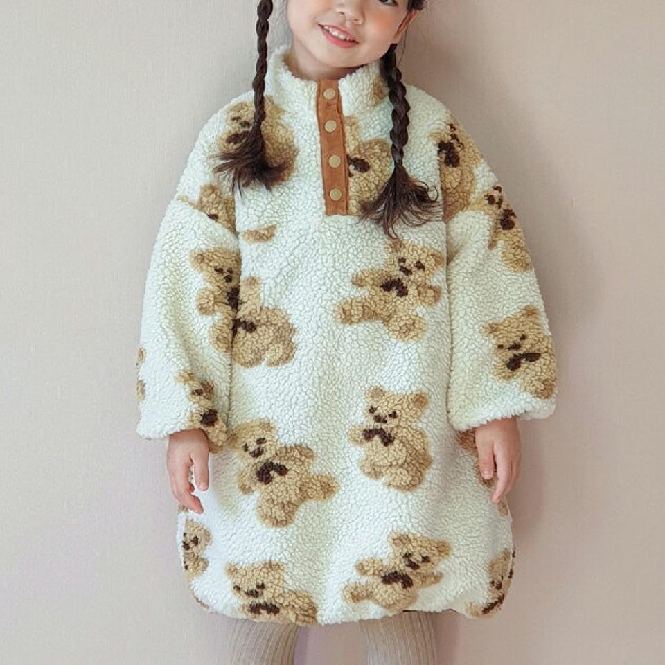 ベアーパターンボアワンピース・u10238 キッズ【3~8才】【ops】【ワンピース ロング ロングワンピース ボア ボアワンピース クマ くま アニマル 動物 可愛い かわいい ガーリー 女の子 秋 冬 韓国 韓国子供服 子供 こども 子供服 こども服】【KIDS】【WS】