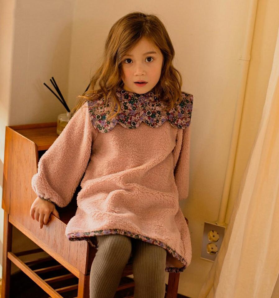 【只今50%OFF】フラワーカラーボアワンピース・u10279 キッズ【3~8才】【ops】【ワンピース ミディ丈 ミディワンピース ボア ボアワンピース 長袖 花柄 フラワー 襟コンシャス 可愛い かわいい 女の子 秋 冬 韓国 韓国子供服 子供 こども 子供服 こども服】【KIDS】【WS】