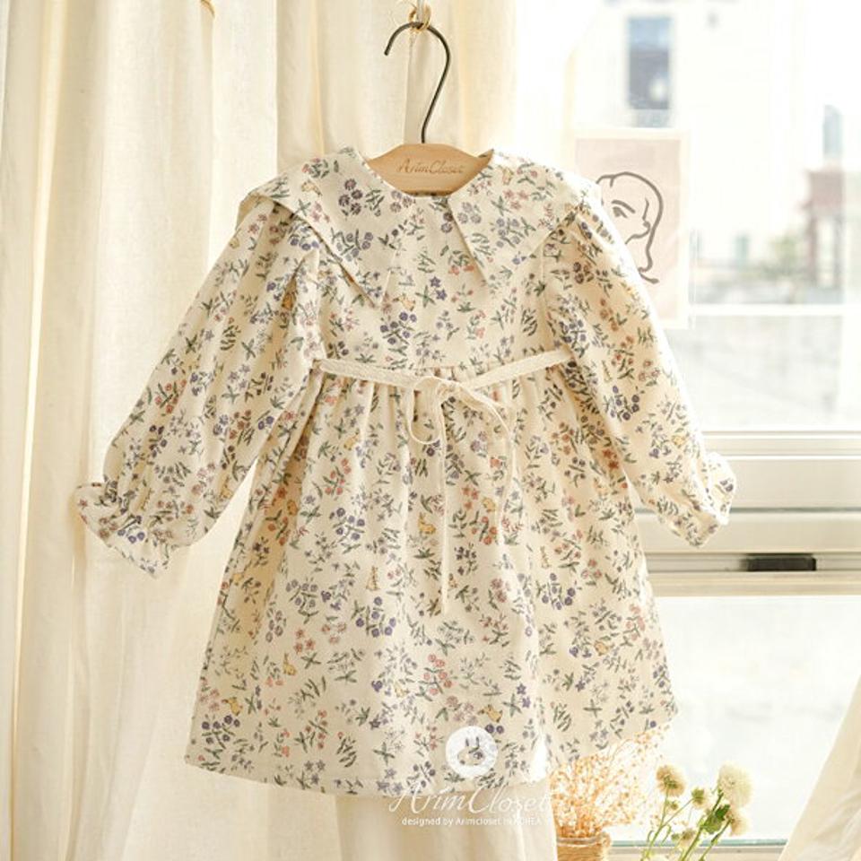 ビッグカラーフラワーワンピース・p009225 キッズ【0~2才】【ops】【ワンピース ロング ロングワンピース 長袖 花柄 フラワー ビッグカラー 襟コンシャス ガーリー 可愛い かわいい 女の子 秋 冬 韓国 韓国子供服 子供 こども 子供服 こども服】【KIDS】