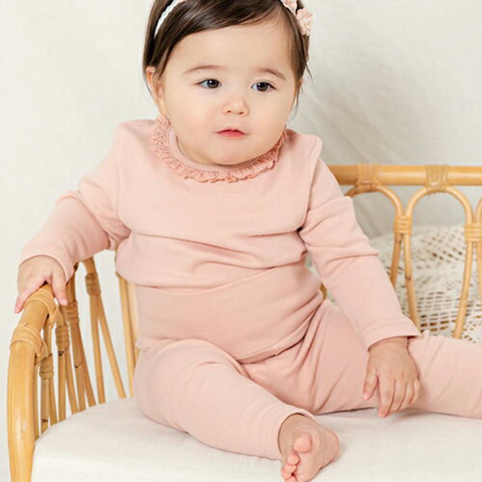 レースカラー上下SET(pink)・p009021 キッズ【0~2才】【set】【セットアップ setup トップス 長袖 パンツ ズボン 長ズボン レース 襟コンシャス 上下 単色 無地 シンプル 女の子 秋 冬 韓国 韓国子供服 子供 こども 子供服 こども服】【KIDS】