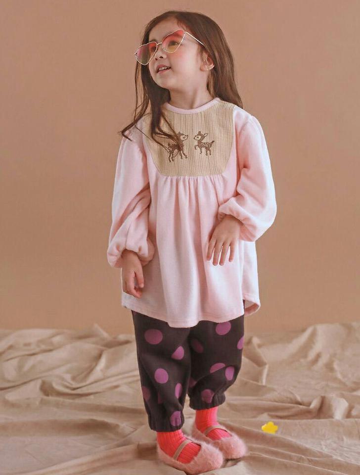起毛バンビカラー&ドットパンツ上下SET・p010419 キッズ【3~8才】【set】【セット set トップス 上下 起毛 バンビ アニマル 動物 長袖 パンツ ズボン ドット柄 かわいい 可愛い 女の子 男の子 秋 冬 韓国 韓国子供服 子供 こども 子供服 こども服】【KIDS】