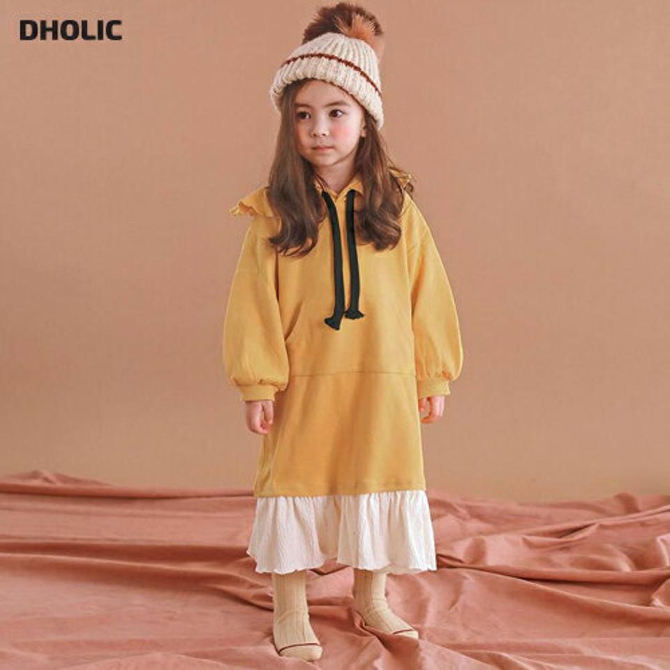【キッズ30%OFF】裏起毛フリルフードワンピース・p010427 キッズ【3~8才】【ops】【ワンピース ロング ロングワンピース 長袖 フード フーディー 裏起毛 フリル 単色 カジュアル ラフ 女の子 冬 韓国 韓国子供服 子供 こども 子供服 こども服】【KIDS】
