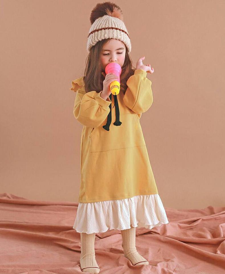 【キッズ30%OFF】裏起毛フリルフードワンピース・p010427 キッズ【3~8才】【ops】【ワンピース ロング ロングワンピース 長袖 フード フーディー 裏起毛 フリル 単色 カジュアル ラフ 女の子 冬 韓国 韓国子供服 子供 こども 子供服 こども服】【KIDS】