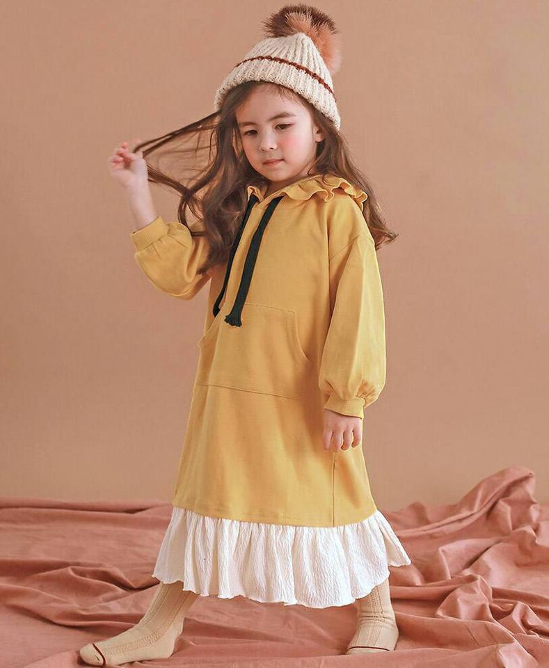 【キッズ30%OFF】裏起毛フリルフードワンピース・p010427 キッズ【3~8才】【ops】【ワンピース ロング ロングワンピース 長袖 フード フーディー 裏起毛 フリル 単色 カジュアル ラフ 女の子 冬 韓国 韓国子供服 子供 こども 子供服 こども服】【KIDS】