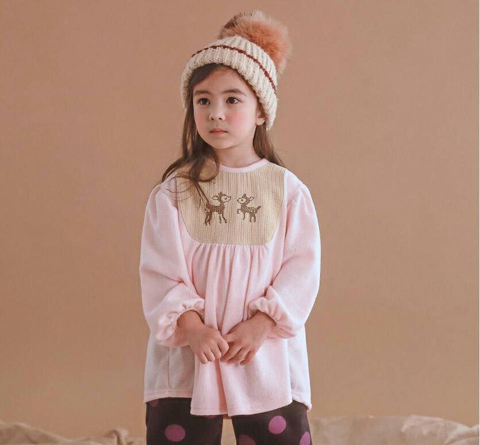 【キッズ30%OFF】起毛バンビカラーパフスリーブTシャツ・p010406 キッズ 【3~8才】【tops】【韓国 ファッション トップス Tシャツ カットソー ロング ラウンドネック フレア ゆったり パターン 刺繍 女の子 キッズ 子供 子供服 幼稚園 通学 通園 低学年 秋 冬】【KIDS】