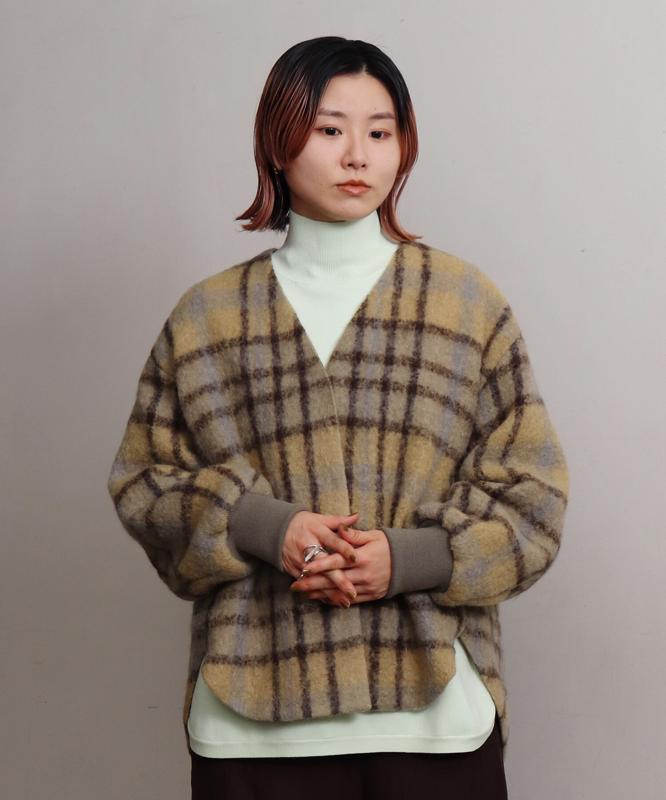 ウールモヘアシャギーチェックＶネックジャケット（cardo fabrica）