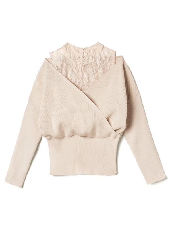 レースハイネックドッキングカシュクールニットトップス