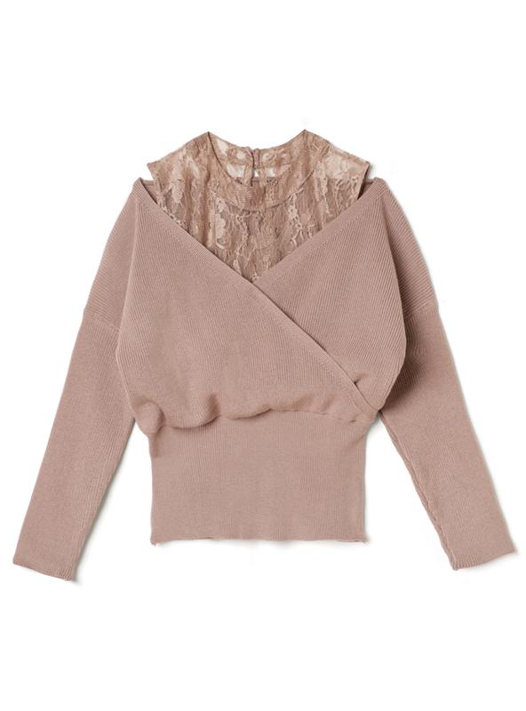 レースハイネックドッキングカシュクールニットトップス