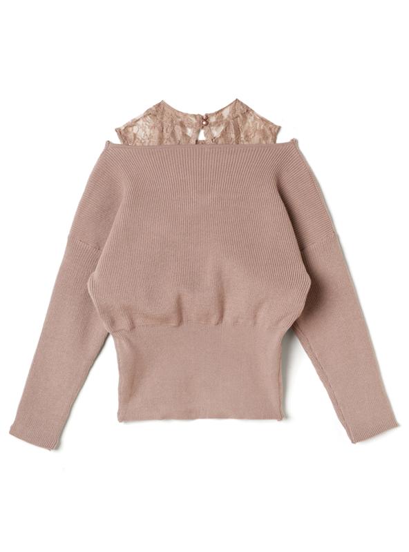 レースハイネックドッキングカシュクールニットトップス