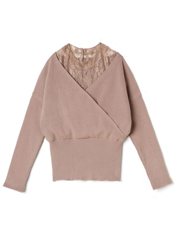 レースハイネックドッキングカシュクールニットトップス