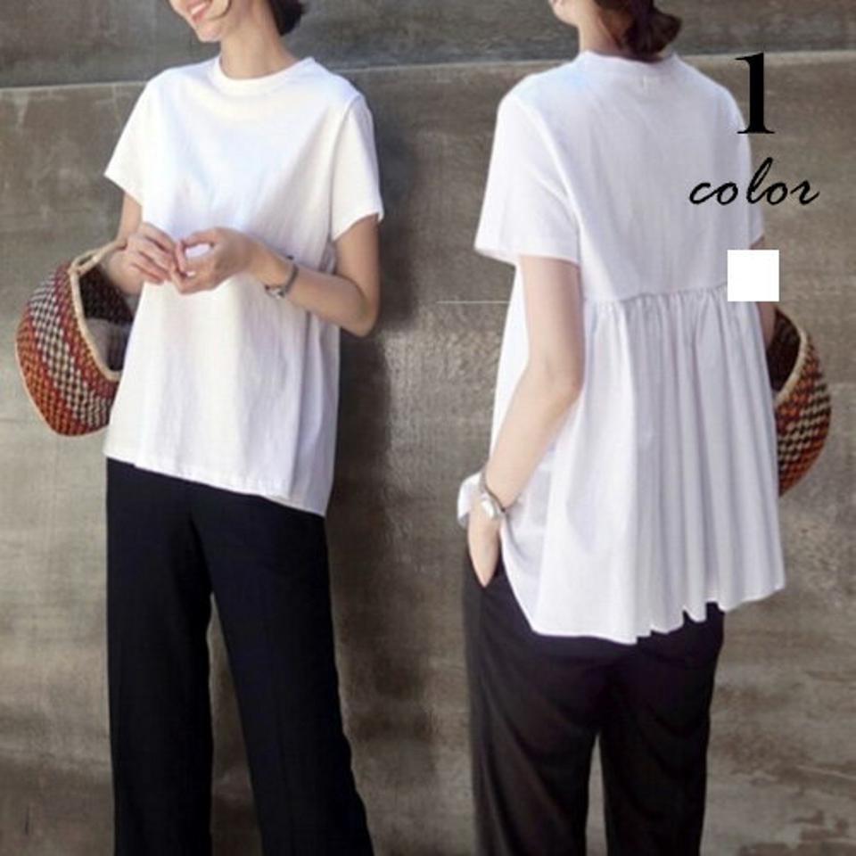 【送料無料】 2020春夏 切り替え バックギャザー クルーネック Tシャツ 半袖 レディース トップス カットソー おしゃれ ゆったり シンプル 可愛い 無地 シンプル 着回し自由 ホワイト 白 カジュアル
