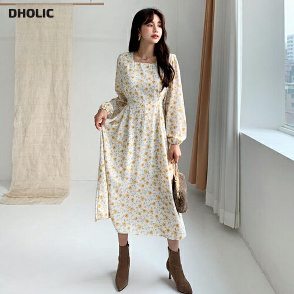 花柄スクエアネックワンピース・全2色・b61320 レディース 【ops】【韓国 ファッション ワンピース ロング フレア Aライン 長袖 パフスリーブ ボリューム袖 ぼわん袖 パターン 柄 小花柄 クラシック フェミニン きれいめ カジュアル 秋 冬】