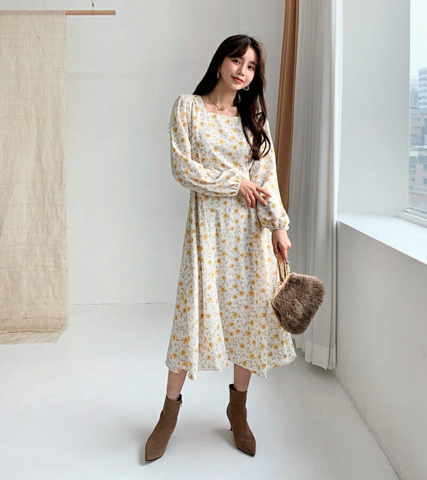 花柄スクエアネックワンピース・全2色・b61320 レディース 【ops】【韓国 ファッション ワンピース ロング フレア Aライン 長袖 パフスリーブ ボリューム袖 ぼわん袖 パターン 柄 小花柄 クラシック フェミニン きれいめ カジュアル 秋 冬】