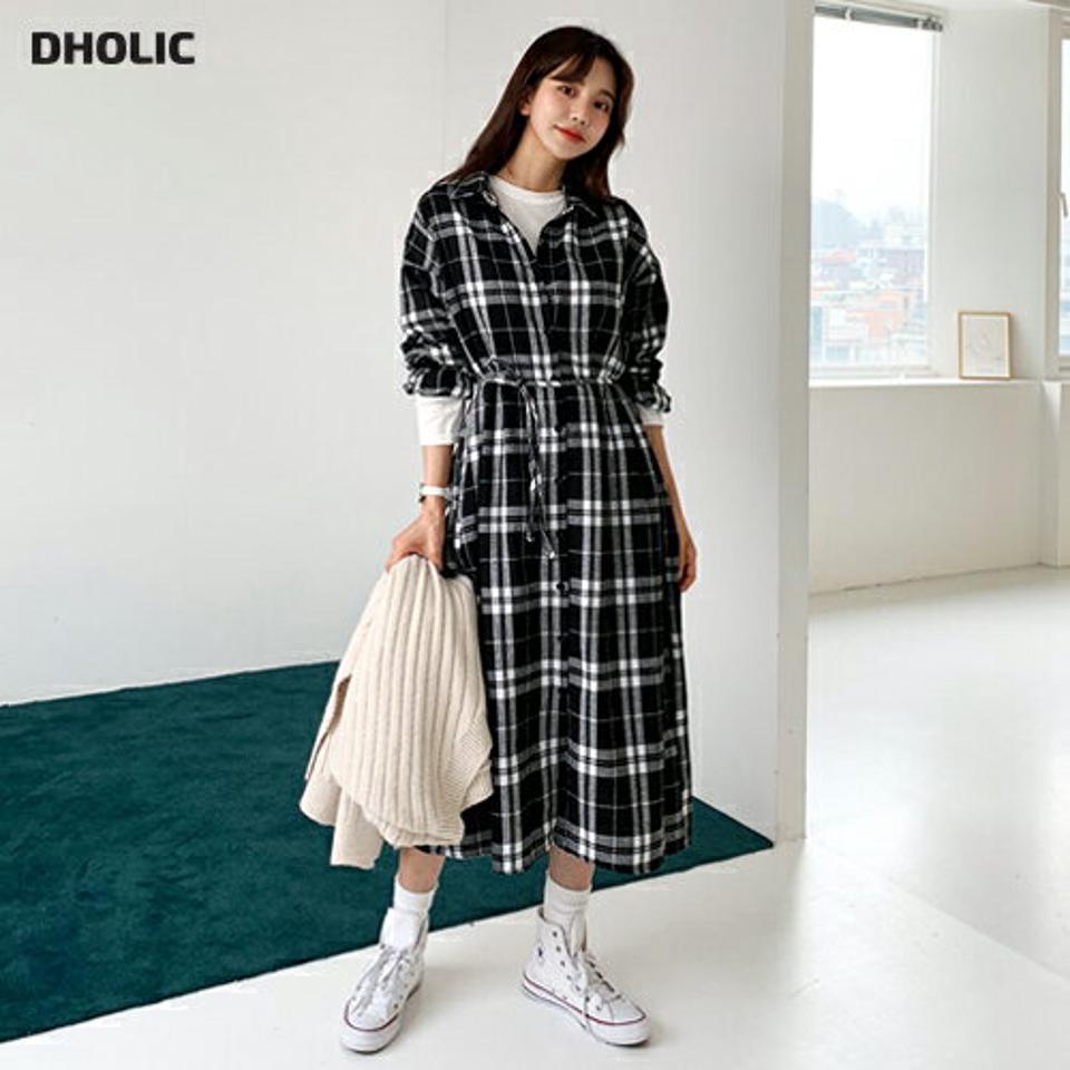 ストラップ付チェックシャツワンピース・全2色・t61318 レディース 【ops】【韓国 ファッション ワンピース ロング シャツ カラー 長袖 ボタン ルーズ ゆったり 体型カバー シャツワンピース チェック ウエストストラップ マタニティ カジュアル 秋 冬】