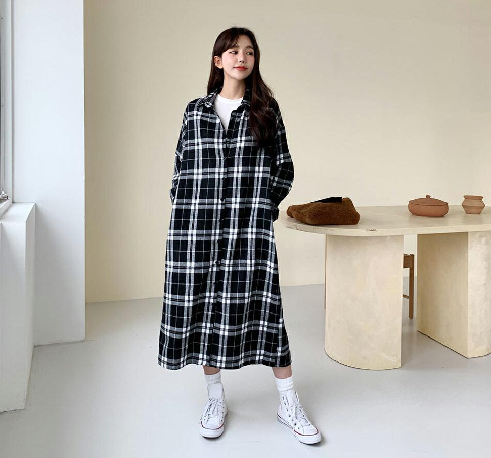 ストラップ付チェックシャツワンピース・全2色・t61318 レディース 【ops】【韓国 ファッション ワンピース ロング シャツ カラー 長袖 ボタン ルーズ ゆったり 体型カバー シャツワンピース チェック ウエストストラップ マタニティ カジュアル 秋 冬】